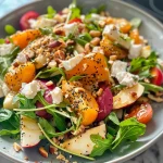 Nahaufnahme eines Hähnchensalats mit Honig-Senf-Dressing, angereichert mit frischen Zutaten.