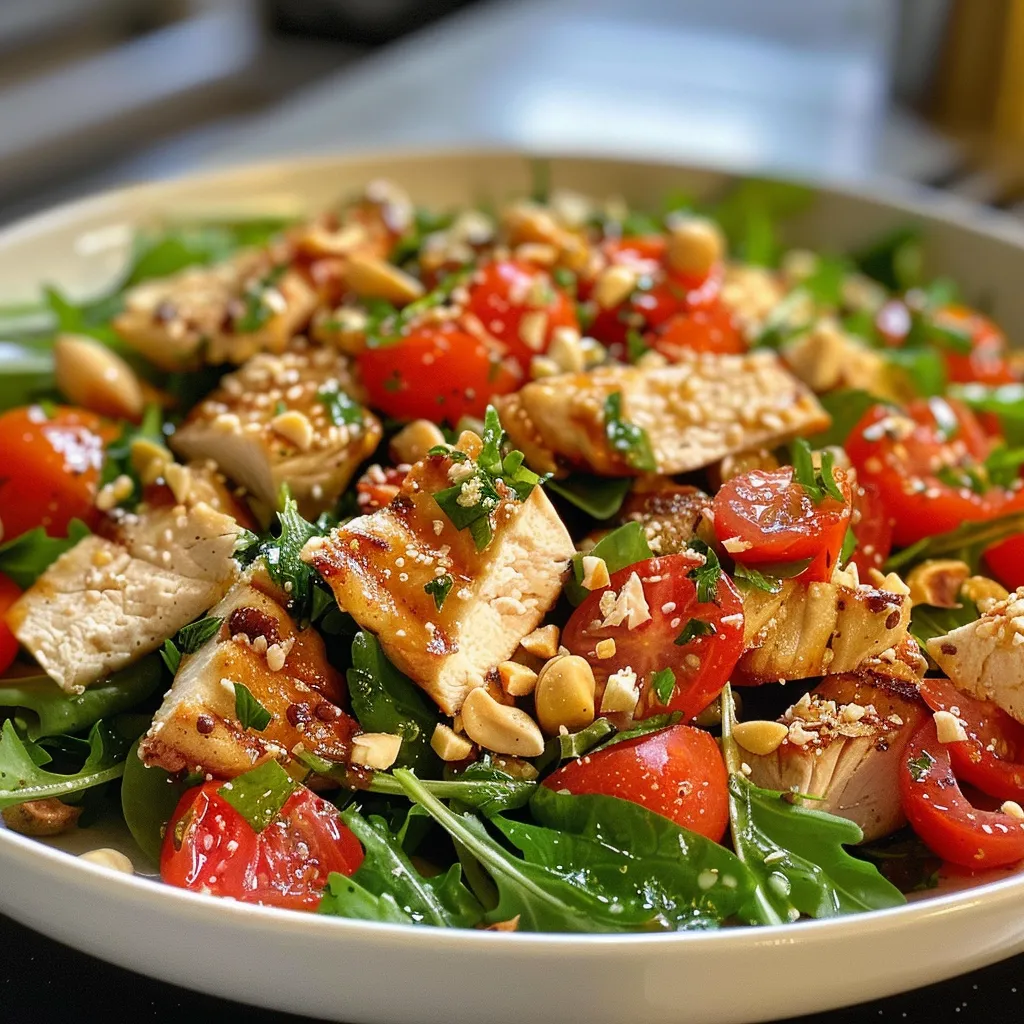 Seitliche Sicht auf einen bunten Hähnchensalat mit kross gegrilltem Hähnchen und Gemüsesorten.