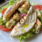 Nahaufnahme von gegrillten Halloumi-Pita-Wraps mit frischen Zutaten.