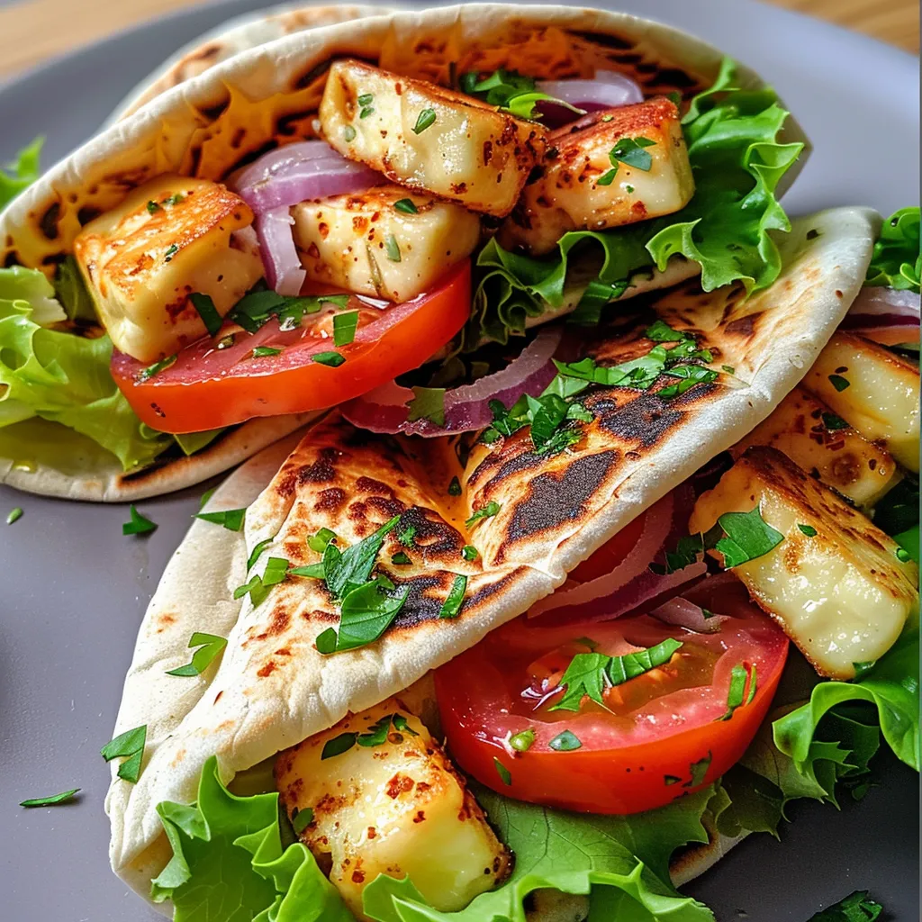 Seitenansicht eines Pita-Wraps gefüllt mit Halloumi, Tomaten und Zwiebeln.