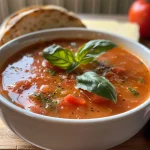 Naheaufnahme einer Schüssel hausgemachter Tomaten-Basilikum-Suppe mit frischem Basilikum.