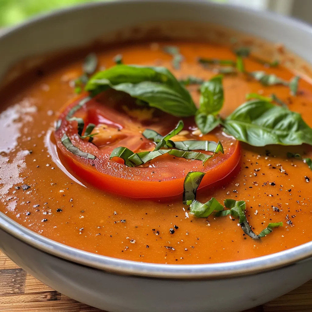 Seitenansicht einer dampfenden Schüssel Tomatensuppe mit gehacktem Basilikum und Olivenöl.