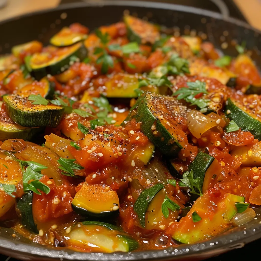 Seitenansicht einer köstlichen Zucchini-Hack-Pfanne mit bunten Zutaten.