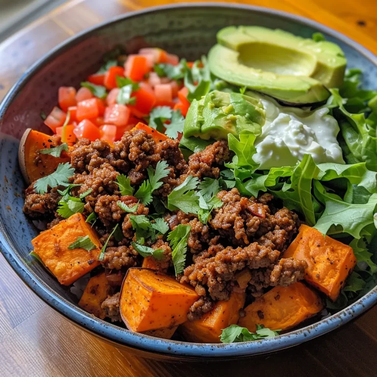 Nahaufnahme von herzhaften Taco-Schalen mit Süßkartoffeln und frischen Zutaten.