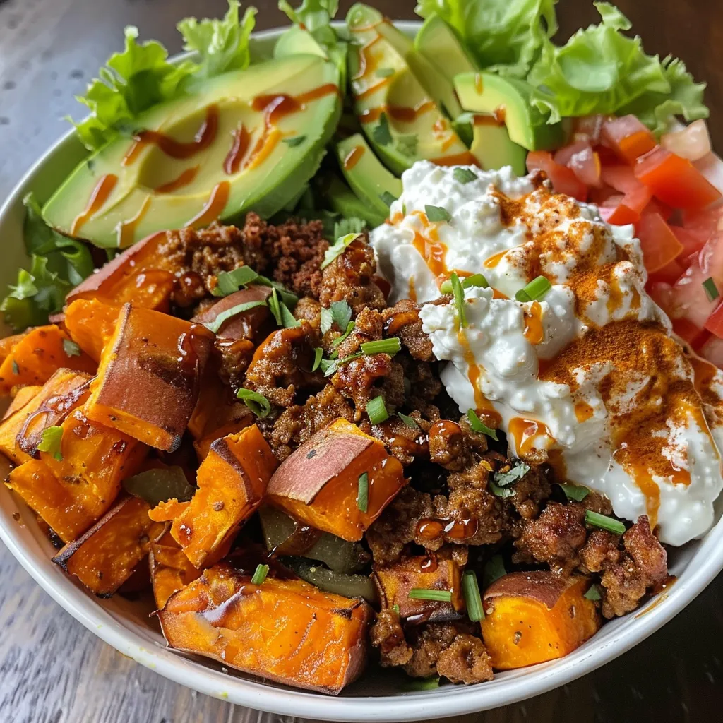 Seitenansicht einer bunten Taco-Schale mit Süßkartoffeln, Avocado und Hackfleisch.