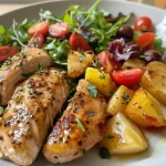 Nahaufnahme eines erfrischenden Honig-Senf-Hühnchensalats mit Hähnchenbrust und Gemüse.