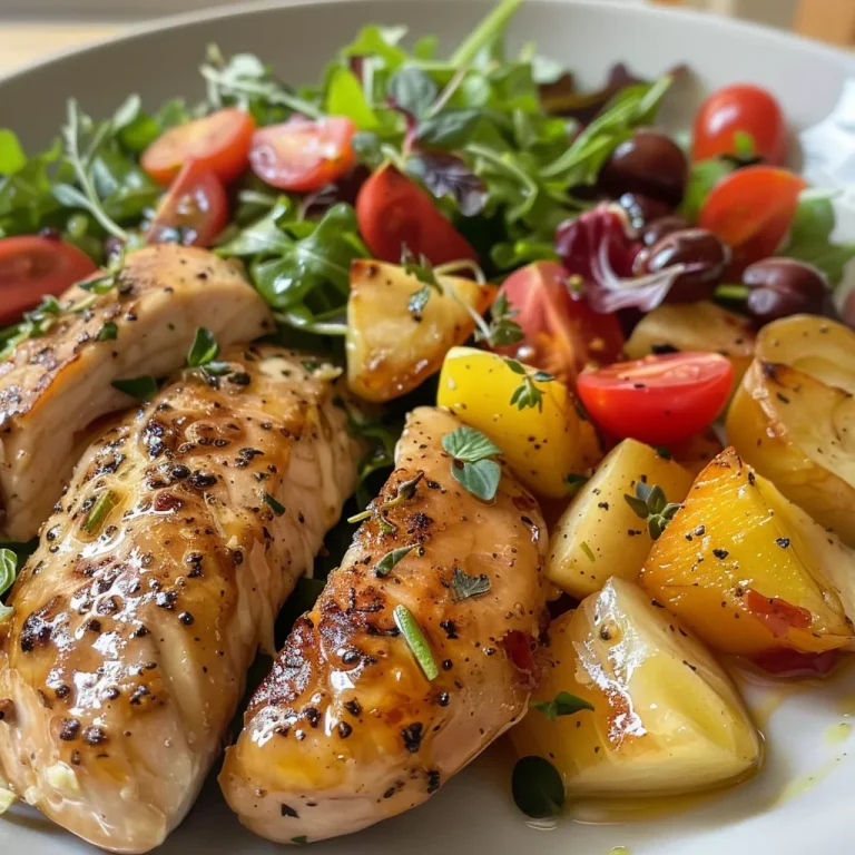 Frischer Genuss: Honig-Senf-Hühnchensalat für jeden Tag Nahaufnahme eines erfrischenden Honig-Senf-Hühnchensalats mit Hähnchenbrust und Gemüse.