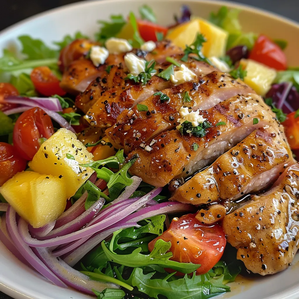 Seitenansicht eines bunten Salats mit Hähnchen, Gurken, Paprika und Kirschtomaten.