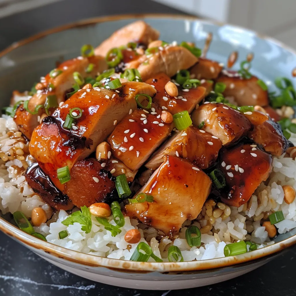 Seiteansicht eines Tellers mit Hühnchen Teriyaki, umgeben von Brokkoli und Reis.
