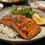 Nahaufnahme von saftigem Japanischem gegrilltem Lachs mit Teriyakisauce.