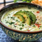 Nahaufnahme von Kalter Avocado-Gurken-Suppe mit frischen Kräutern.