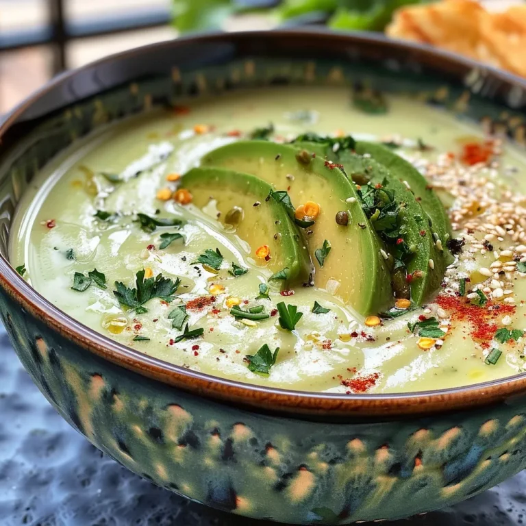 Erfrischende Leichtigkeit: Kalte Avocado-Gurken-Suppe für heiße Tage Nahaufnahme von Kalter Avocado-Gurken-Suppe mit frischen Kräutern.