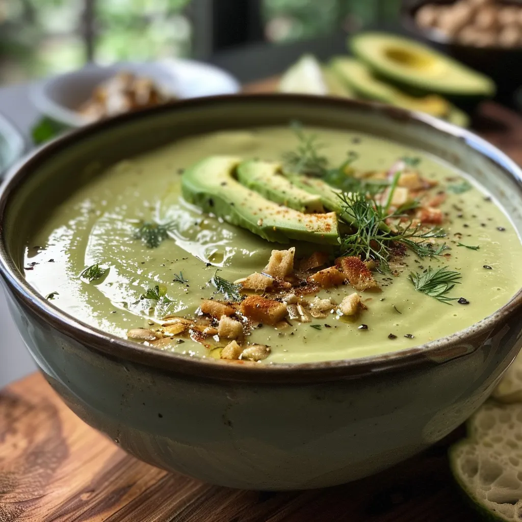 Seiteansicht einer cremigen Gurken-Avocado-Suppe in Schüssel.