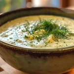Nahaufnahme von Kalte Gurkensuppe mit Joghurt in einer Schüssel.