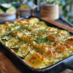 Nahaufnahme eines Kartoffel-Zucchini-Auflaufs, golden gebräunt und saftig.