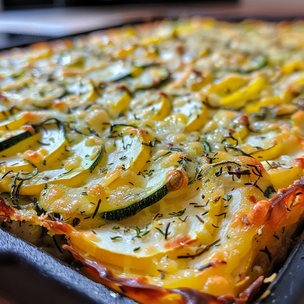Seitenansicht eines köstlichen Kartoffel-Zucchini-Auflaufs, frisch aus dem Ofen.