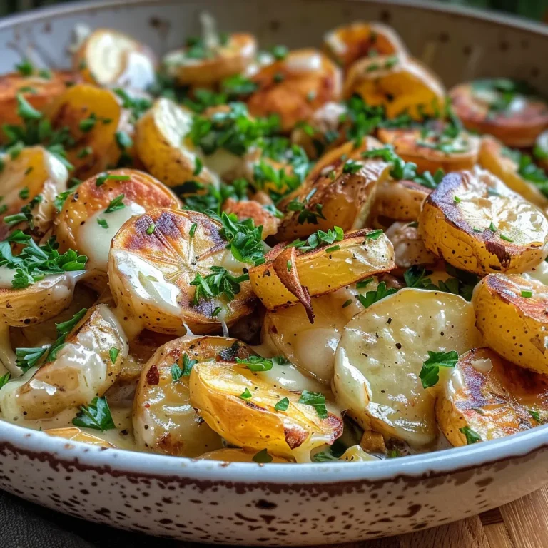 Cremige Knoblauchträume: Kartoffeln mit Liebe zubereitet Nahaufnahme von Kartoffeln in cremiger Knoblauchsoße.