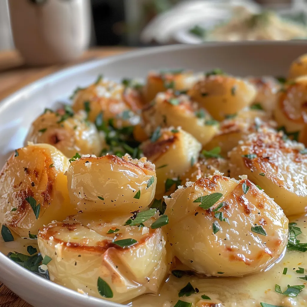 Köstliche Kartoffeln in einer dicken Knoblauchcreme-Soße.