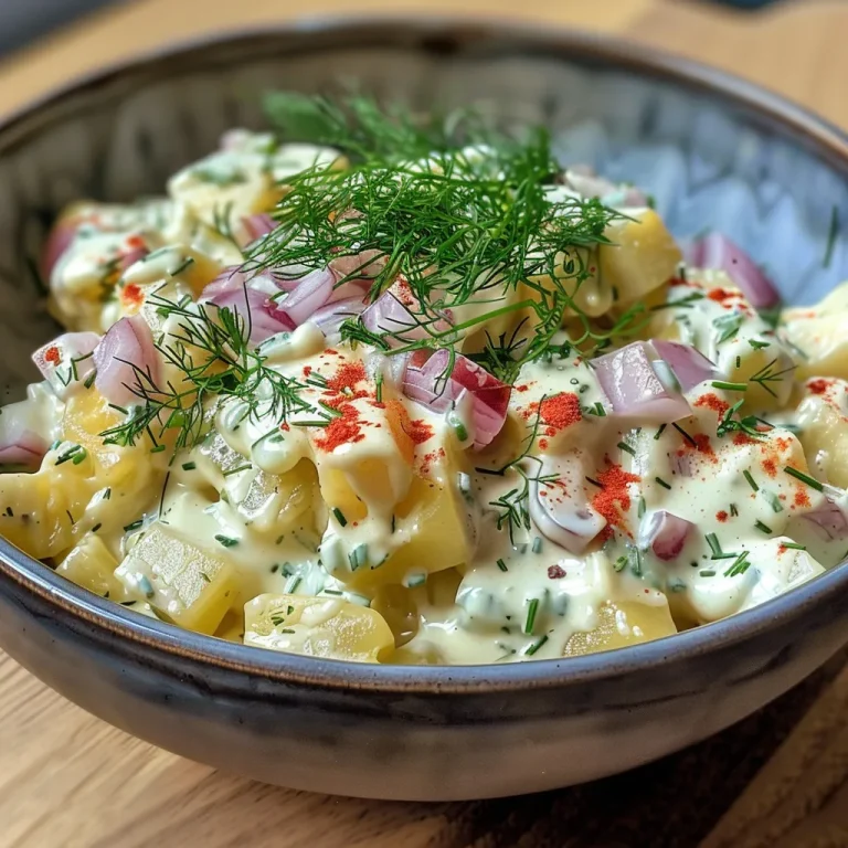 Naheaufnahme von Kartoffelsalat mit Joghurtdressing in einer Schüssel.