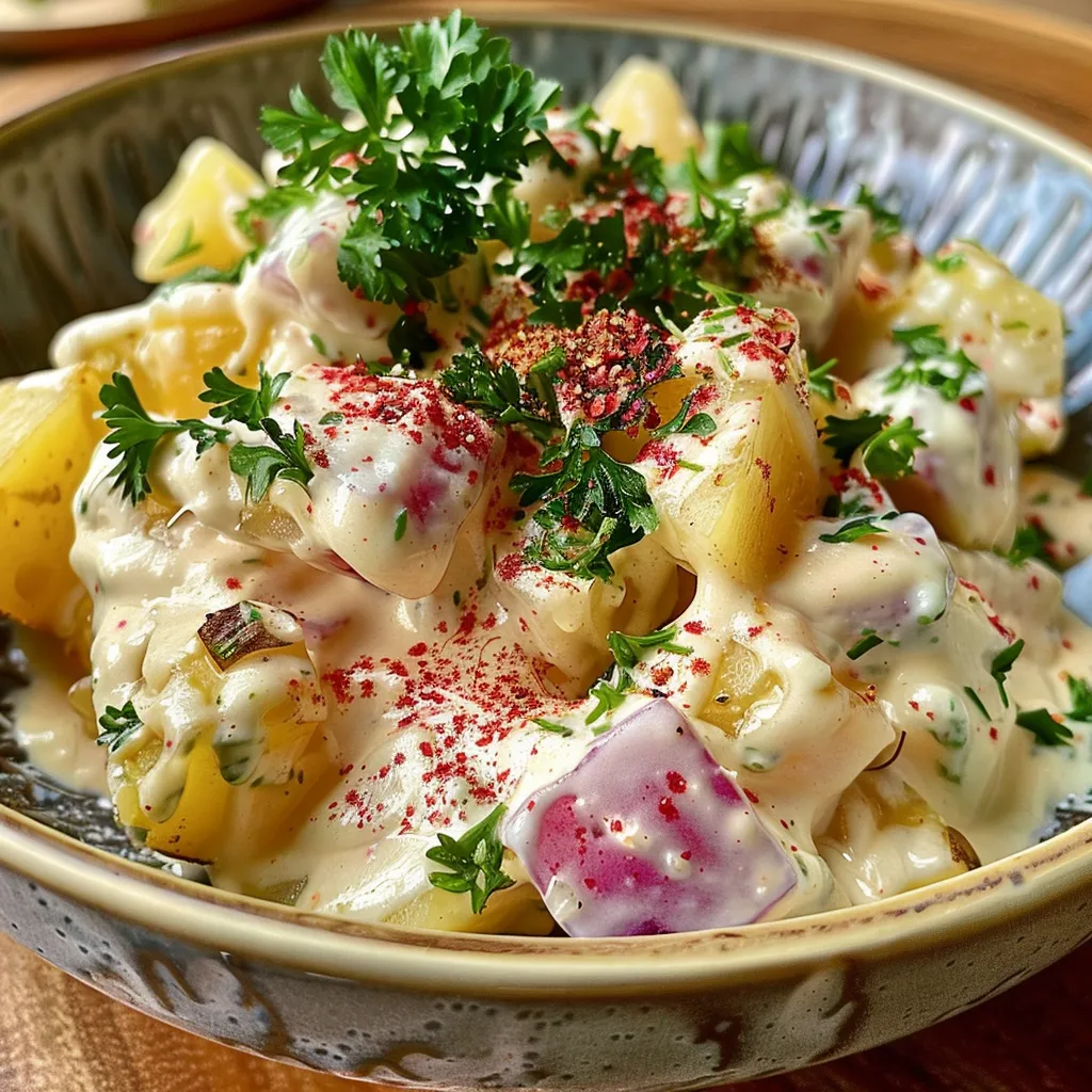 Seitenansicht eines leckeren Kartoffelsalats mit frischem Gemüse und Joghurtdressing.