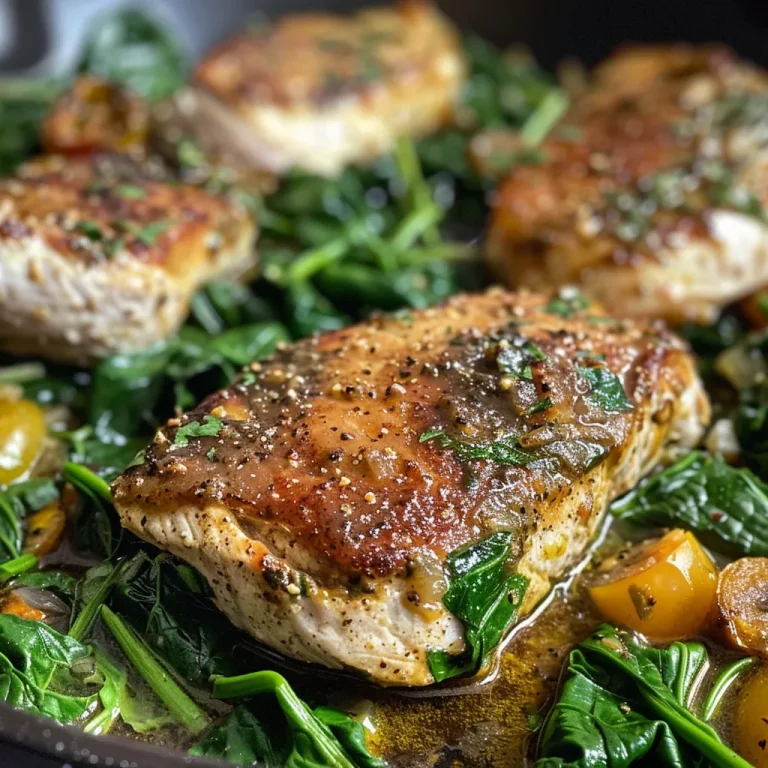 Wohlfühlküche: Köstliche Keto Hähnchen-Spinat-Tomaten-Pfanne für jeden Tag Nahaufnahme einer Keto Hähnchen-Spinat-Tomaten-Pfanne mit frischen Zutaten.