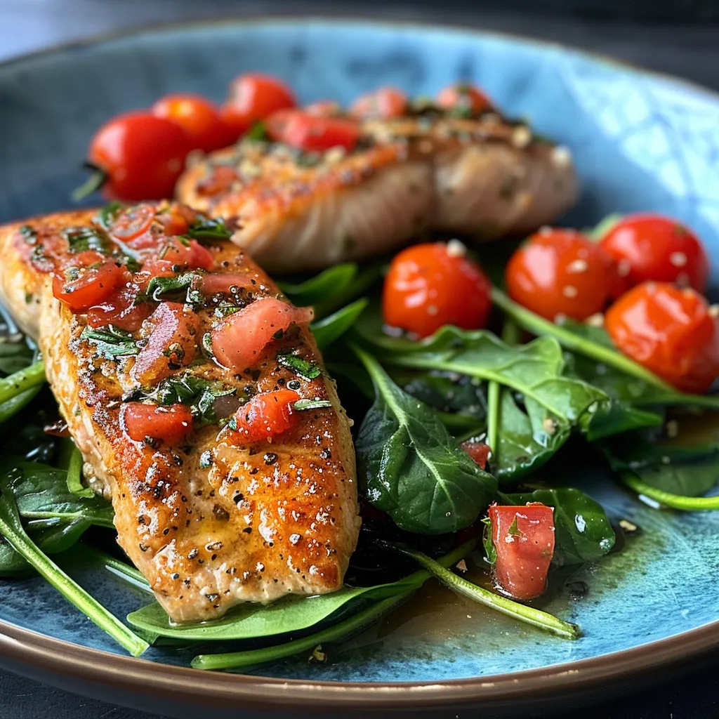 Seitenansicht einer köstlichen Keto-Pfanne mit Hähnchen, Spinat und Tomaten.