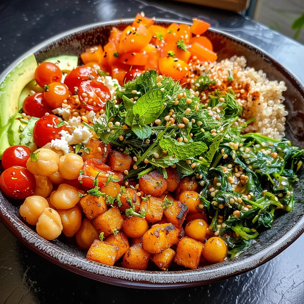 Seiteansicht einer bunten Kichererbsen-Bowl in einer Schüssel.