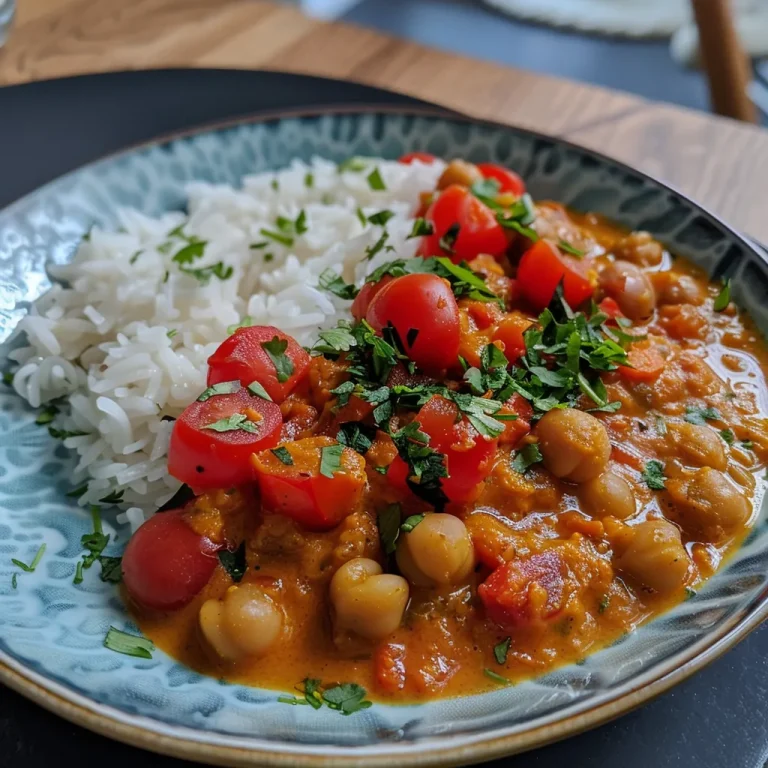 Kichererbsen-Curry mit Kokosmilch: Ein Genussvolles Erlebnis Nahaufnahme von Kichererbsen-Curry in einer Schüssel, garniert mit frischem Koriander.