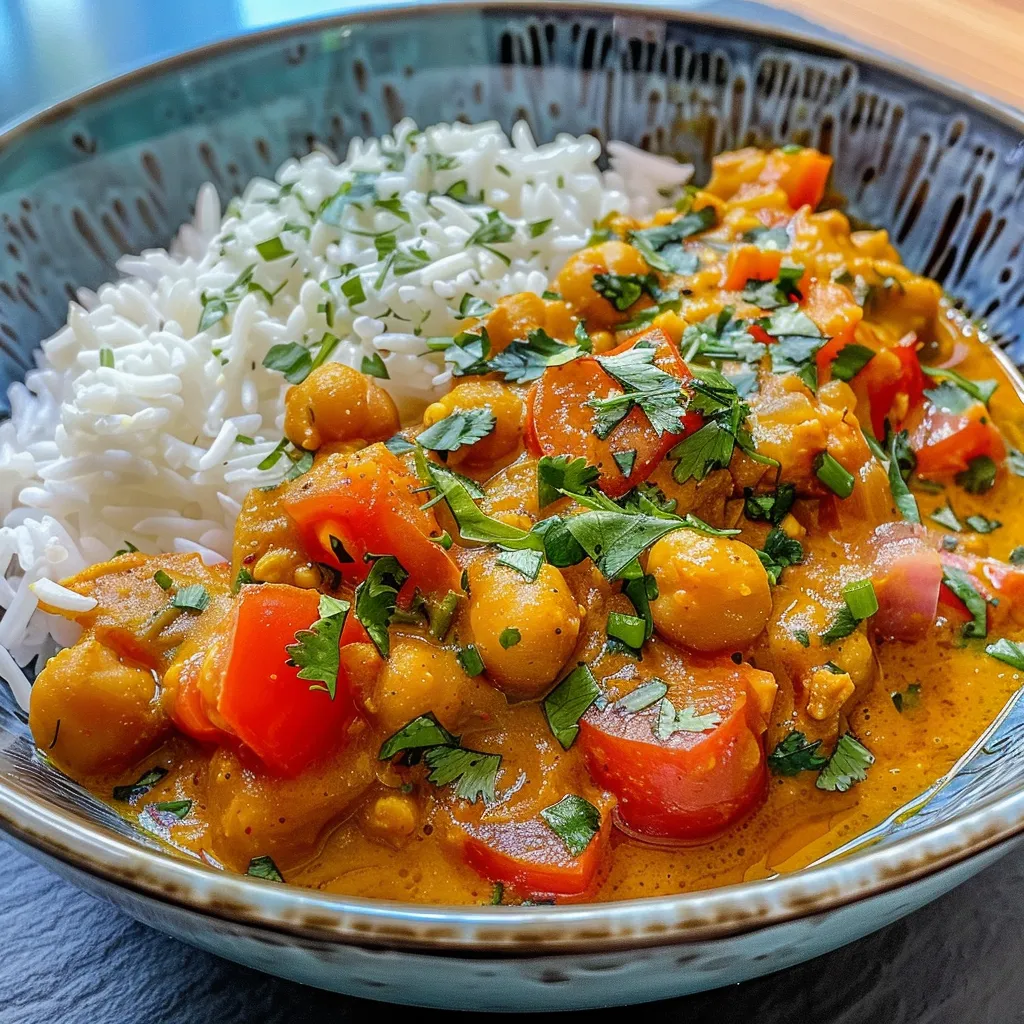 Seitenansicht eines appetitlichen Kichererbsen-Currys mit Kokosmilch und Gemüse.