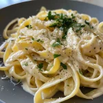 Nahaufnahme von Knoblauchbutter-Zitronen-Garnelen-Pasta in einer Schüssel.
