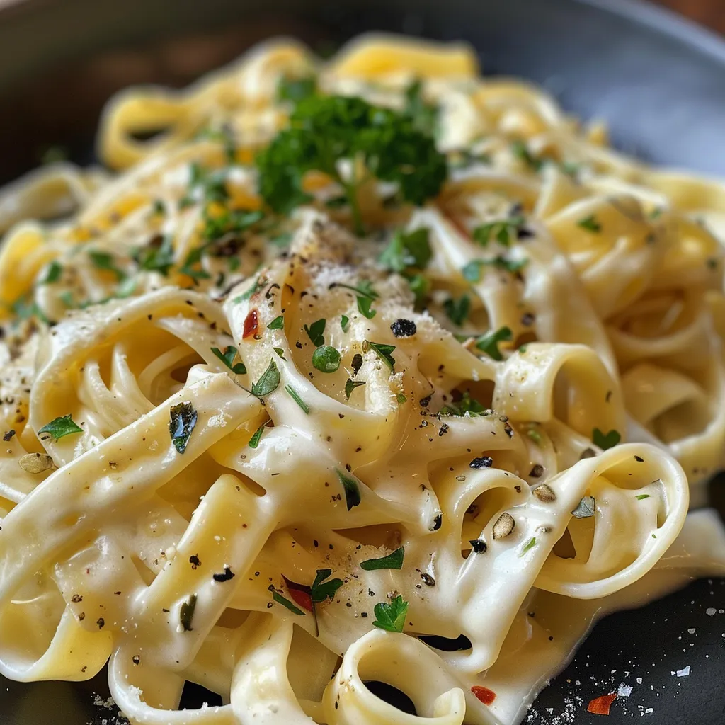 Seiteansicht einer köstlichen Pasta mit Garnelen, Zitrone und Petersilie.