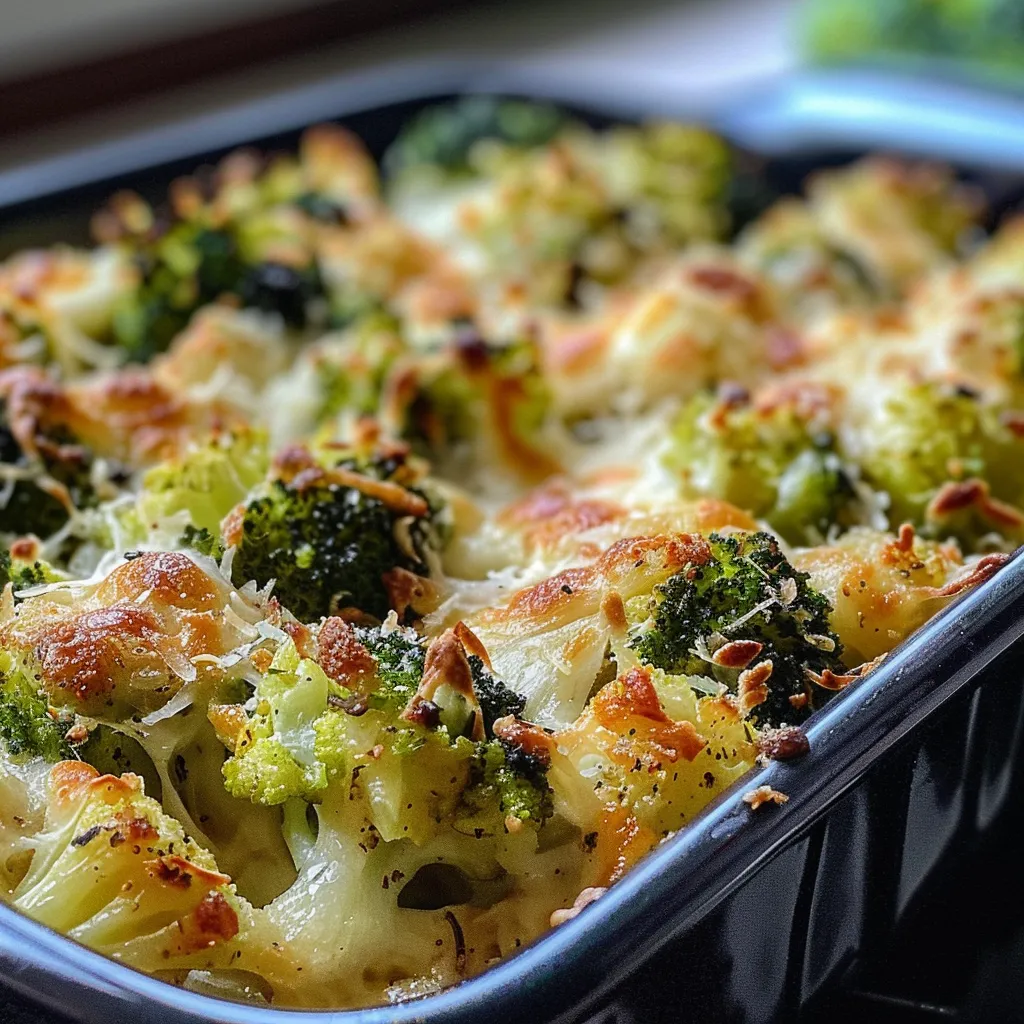 Seitenansicht von knusprigem Brokkoli, garniert mit Parmesan und Zitrone.