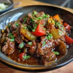 Nahaufnahme von knusprigem Chili-Rindfleisch, serviert mit frischen Zutaten.