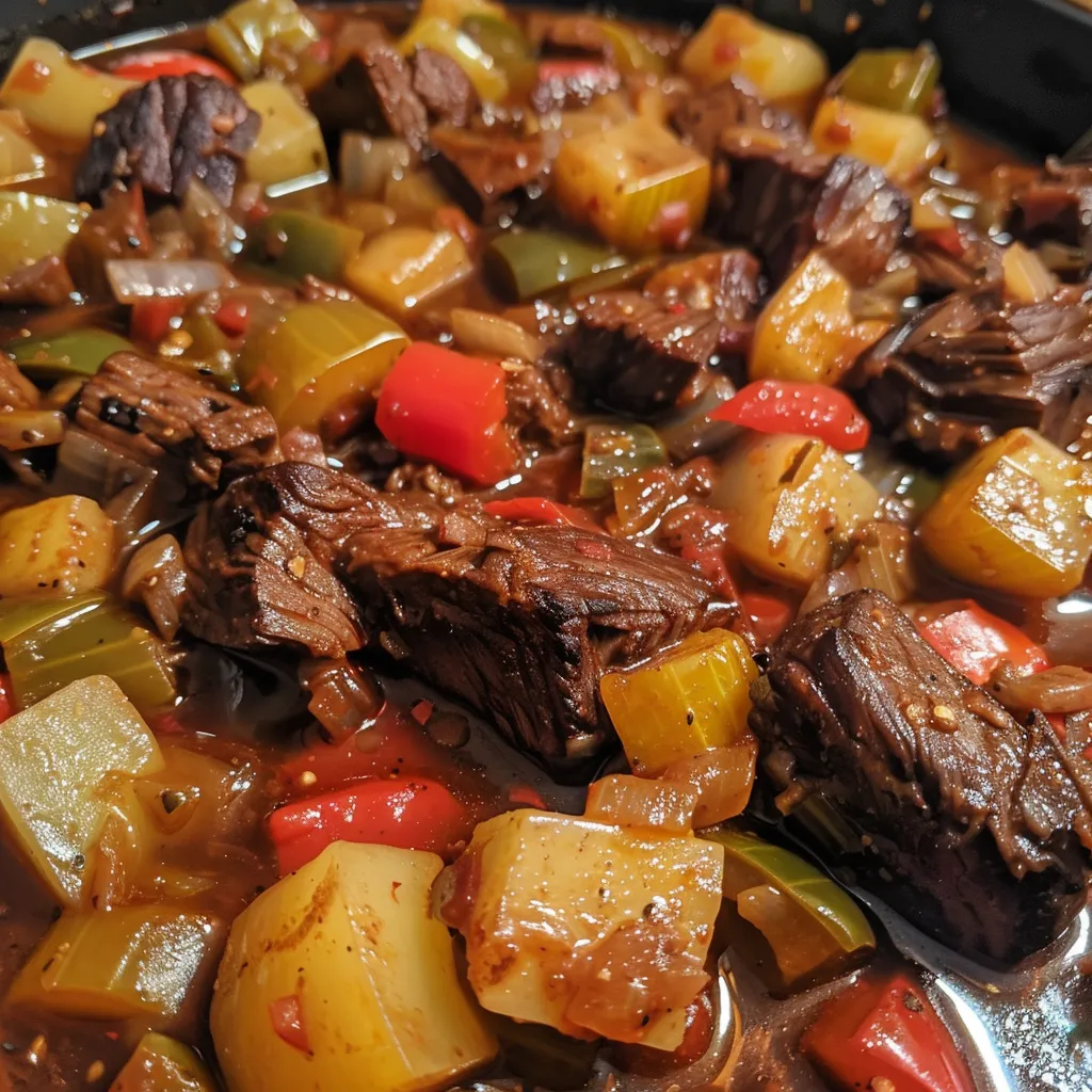 Seitenansicht eines köstlichen Chili-Rindfleischgerichts auf einem weißen Teller.