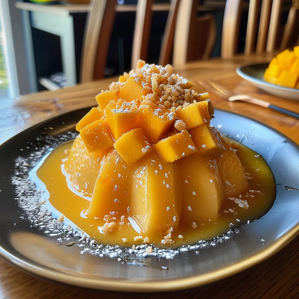 Seitenansicht eines köstlichen Kokos-Mango-Desserts, dekoriert mit Kokosflocken und Minze.