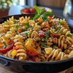 Nahaufnahme eines leichten Nudelsalats mit Joghurt-Dressing, serviert in einer weißen Schüssel.