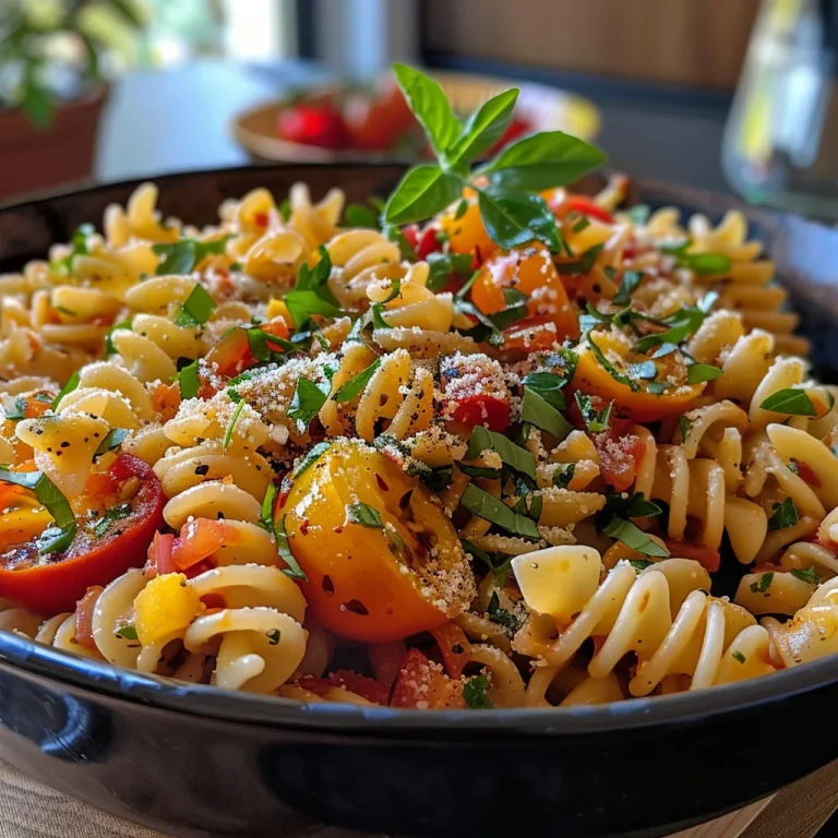 Nahaufnahme eines leichten Nudelsalats mit Joghurt-Dressing, serviert in einer weißen Schüssel.