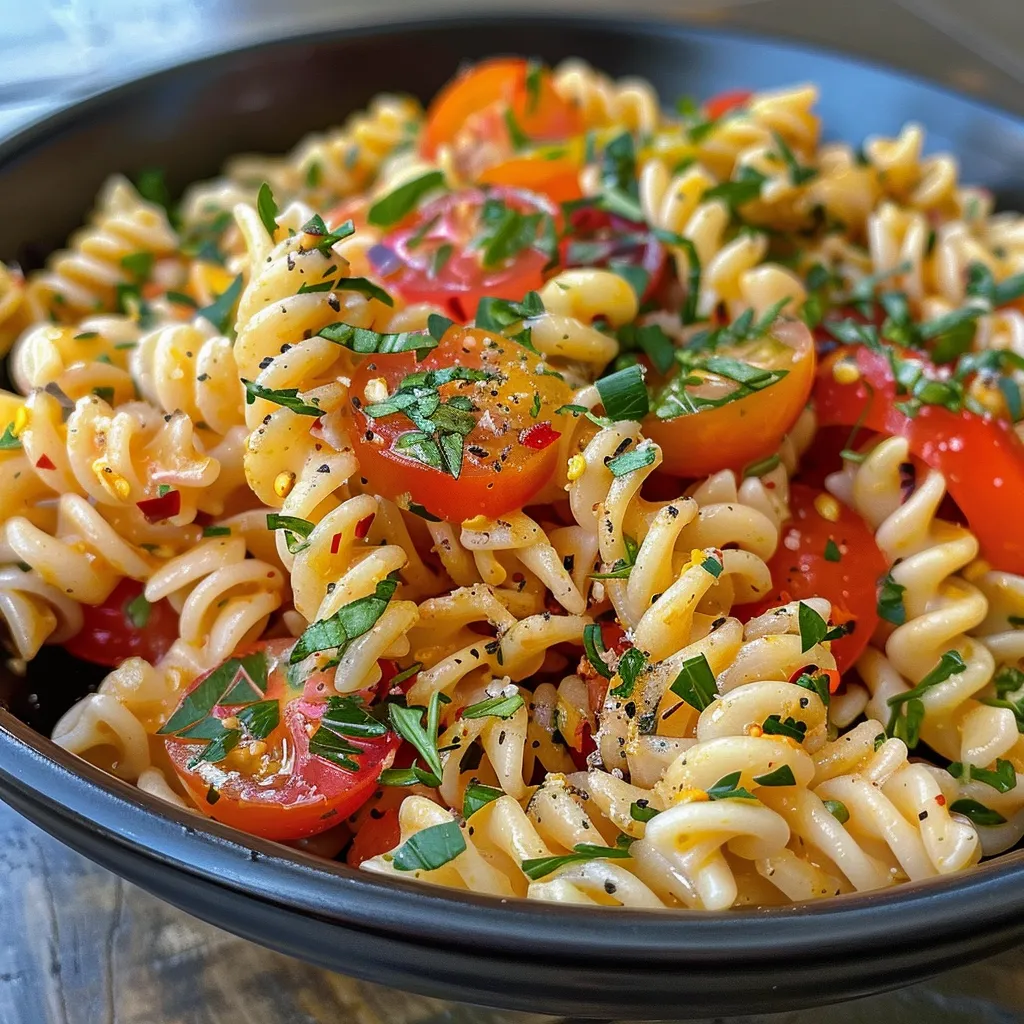 Seitenansicht von Fusilli-Nudeln, buntem Gemüse und Joghurt-Dressing in einem Essensfoto.