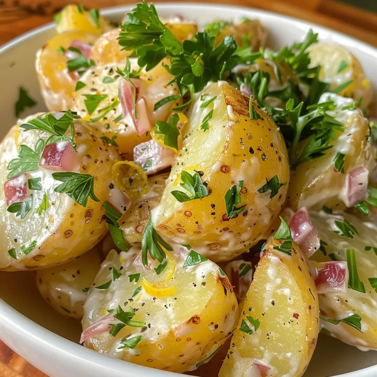 Erfrischender Kartoffelsalat mit Zitrone Genuss im Handumdrehen Nahaufnahme eines frischen Zitronen-Kartoffelsalats mit Baby-Kartoffeln und frischen Kräutern.