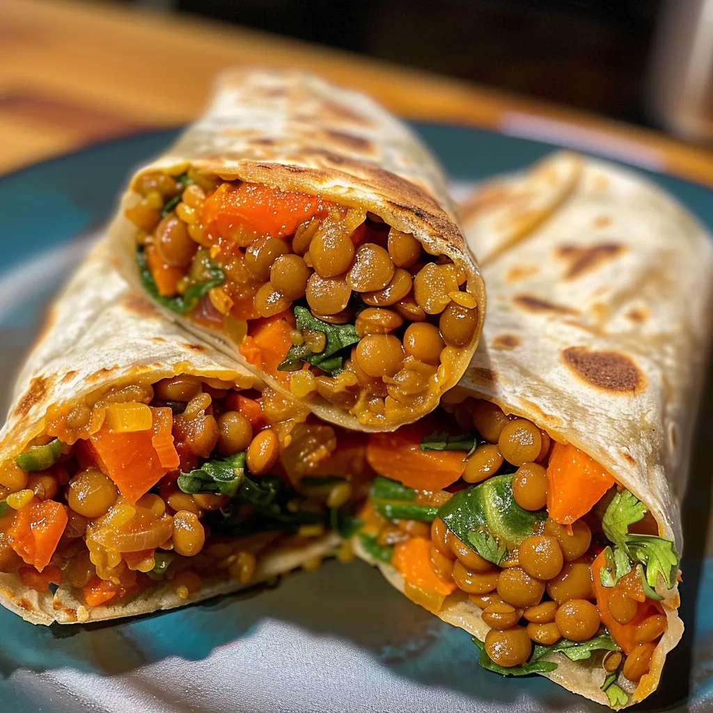 Seiteansicht von appetitlichen Linsen Wraps auf einem Teller.