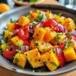 Nahaufnahme eines Linsensalats mit Mango, farbenfroh und frisch angerichtet.