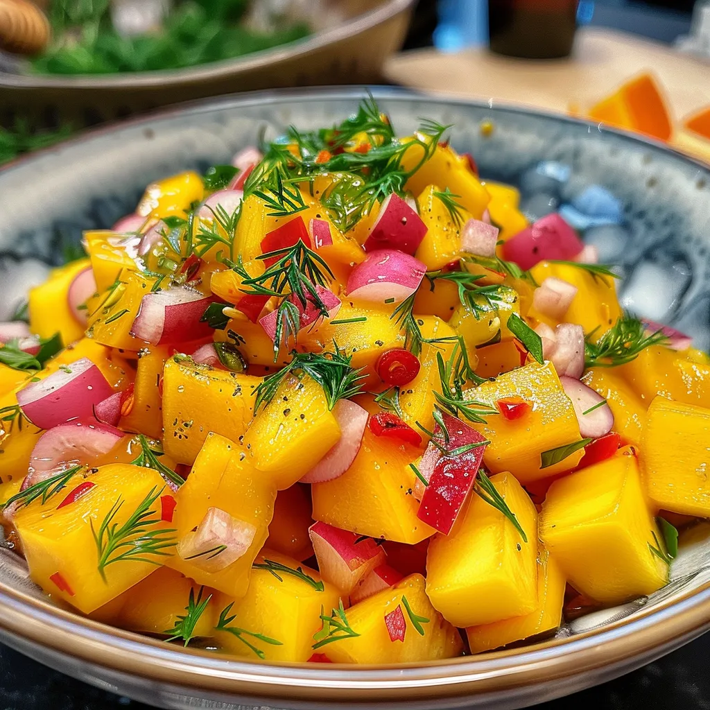 Linsensalat mit Mango und buntem Gemüse, aufgenommen aus seitlicher Perspektive.