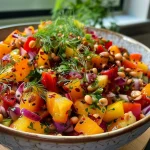 Nahaufnahme eines Linsensalats mit Tomaten und Gurken in einer Schüssel.