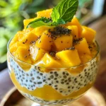Naheaufnahme von Mango-Chia-Pudding in einer Schüssel.