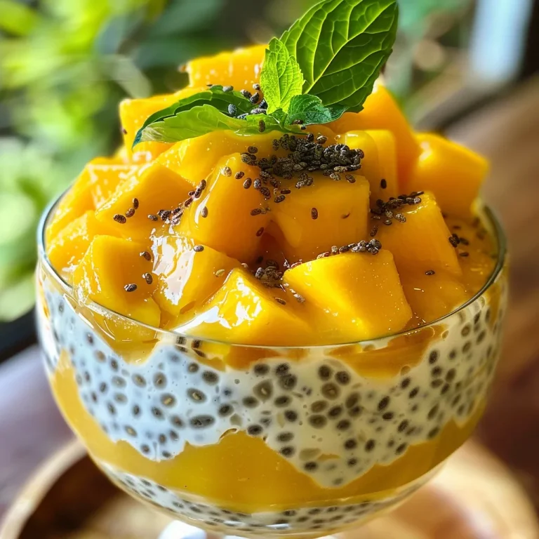 Naheaufnahme von Mango-Chia-Pudding in einer Schüssel.