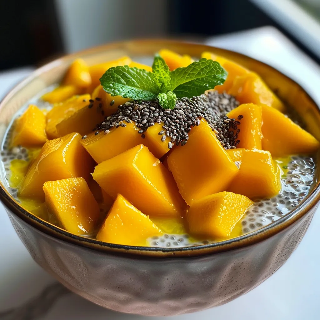Seitenansicht eines appetitlichen Mango-Chia-Puddings mit frischen Mangos.