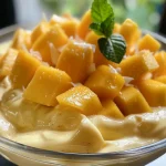 Nahaufnahme eines saftigen Mango-Desserts mit Joghurt in einer Schüssel.