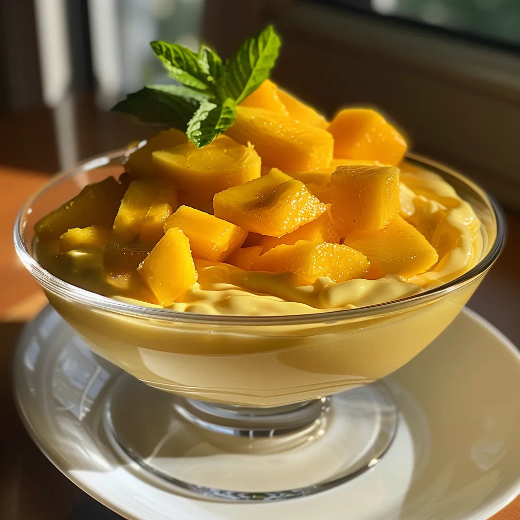 Seitenansicht von Mango-Dessert mit cremigem Joghurt, auf einem Holzuntergrund.