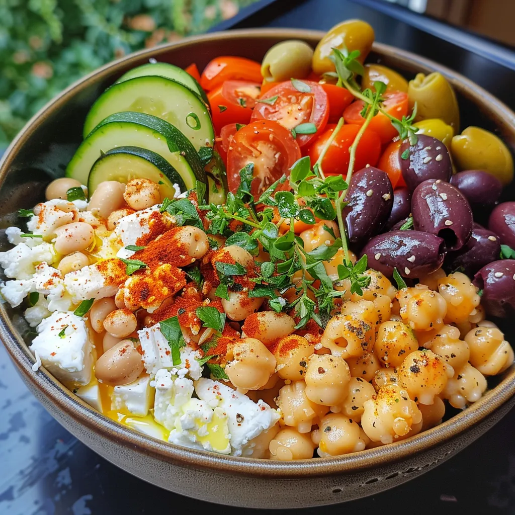 Seitenansicht einer Reis-Bowl mit Kichererbsen, Paprika und Zucchini auf einem hellen Hintergrund.