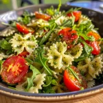 Nahaufnahme eines Mediterraner Nudelsalats mit Pesto, angereichert mit Kirschtomaten und Rucola.